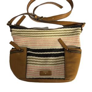 Fossil Emerson Hobo Bag Purse Pocketbook Striped Straw Leather Brown